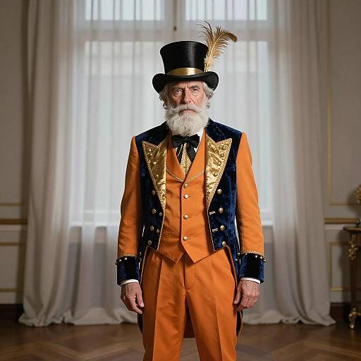 Photograph of an elderly man with a white beard, wearing an ornate orange and black top hat, vest, and pants, standing in a bright