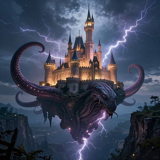 Fantastical digital painting of a glowing, castle-topped floating island surrounded by dark, purple tentacles, with vivid blue lightning illuminating the storm