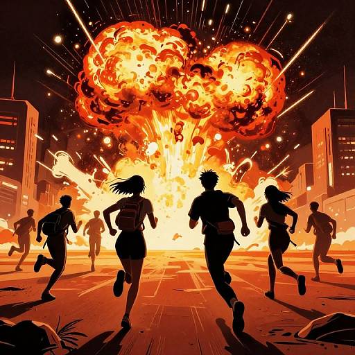 Digital illustration of silhouetted runners fleeing a massive, fiery explosion in a city street at night, with bright orange and red hues.