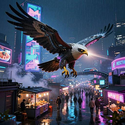 Cybernetic Falcon Over Neon Cyberpunk Market