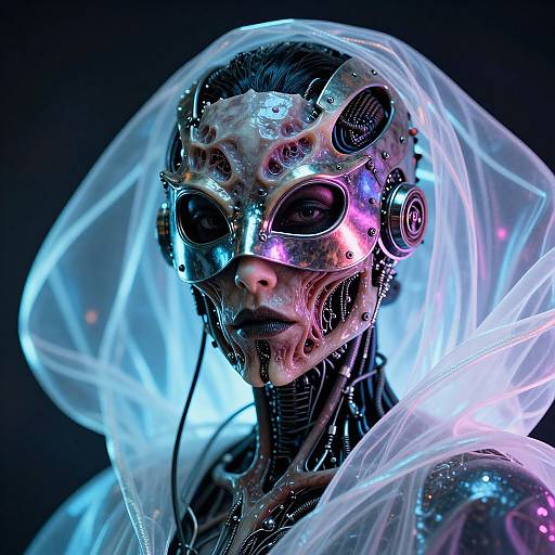 Cyberpunk portrait of a person with a metallic, robot-like face, wearing a glowing, translucent hood and neon accents, against a dark background.
