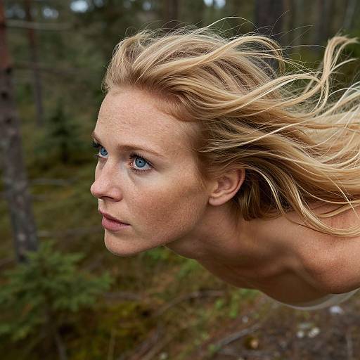 Photograph of a blonde woman with blue eyes, wind-blown hair, and bare shoulders, flying through a forest with blurred trees.
