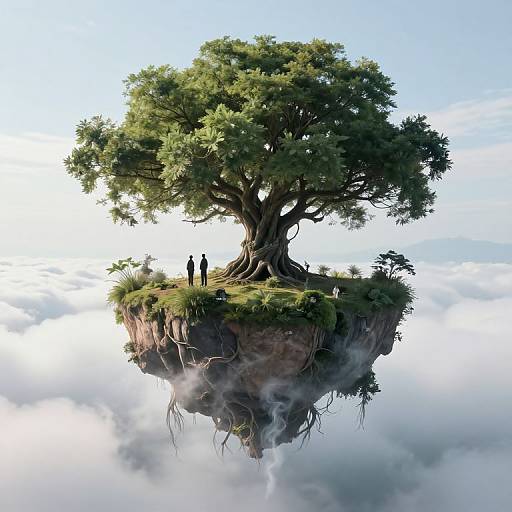 Digital art of a massive, lush tree on a floating island above clouds, with three small, dark silhouetted figures standing on its grassy