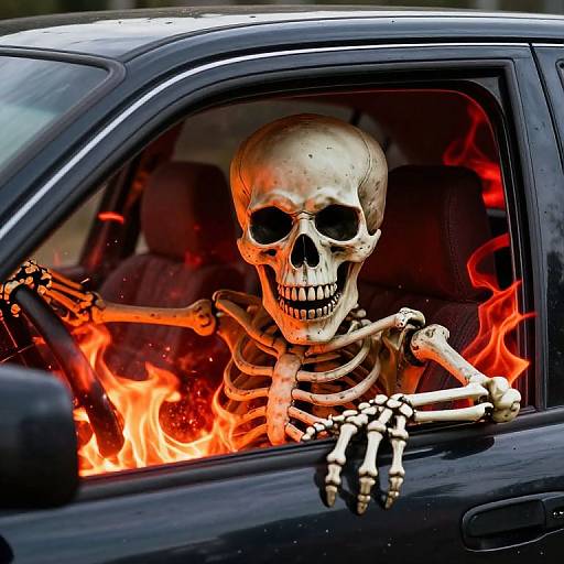 Photograph of a skeleton with glowing orange flames behind it, sitting in the driver's seat of a black car.