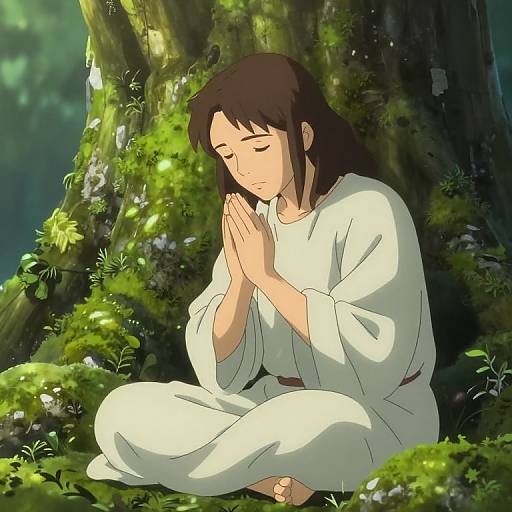 Anime-style digital drawing of a brown-haired woman in a white robe, sitting cross-legged, praying with hands clasped, in a lush, mossy