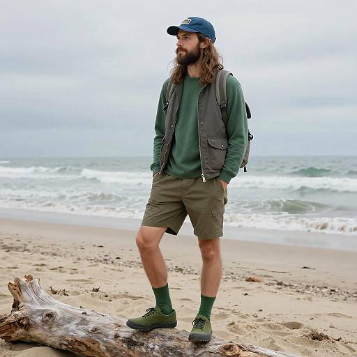 Bearded Man on a Beach Log