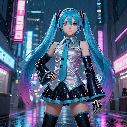 Digital art of Hatsune Miku in a neon-lit, rainy city street. She wears a shiny silver top, blue tie, black skirt,