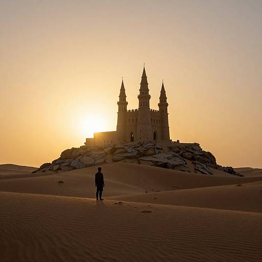 Silhouetted figure stands before a majestic castle with two towers at sunset in a vast desert, golden light casting long shadows.