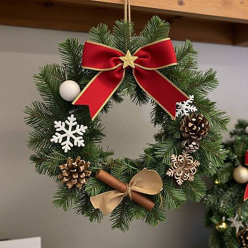Photograph of a Christmas wreath with green pine needles, red velvet bow, gold star, white snowflakes, pinecones, cinnamon sticks