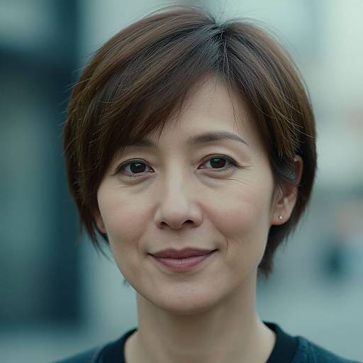 Photograph of a smiling Asian woman with short brown hair, fair skin, and delicate features, wearing a black top, against a blurred urban background.