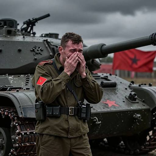 Photograph of a distraught, short-haired man in green military uniform covering his face, standing beside a black tank with red star, cloudy sky,