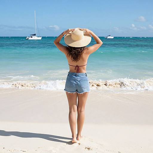 Photograph of a woman with tan skin, brown hair, wearing a straw hat, brown bikini top, and denim shorts, standing on a sunny beach
