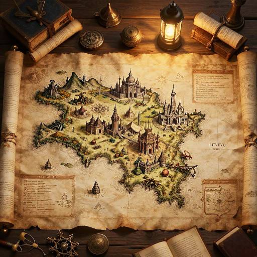 Vintage-style map illustration of a fantasy world with detailed castles, forests, and landmarks, surrounded by antique books, lantern, and coins.