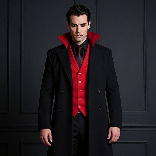 Photograph of a serious man with dark hair, wearing a black coat over a red vest and black shirt, with a high red collar, standing against