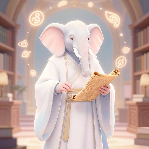 Elephant Scholar in Magical Library