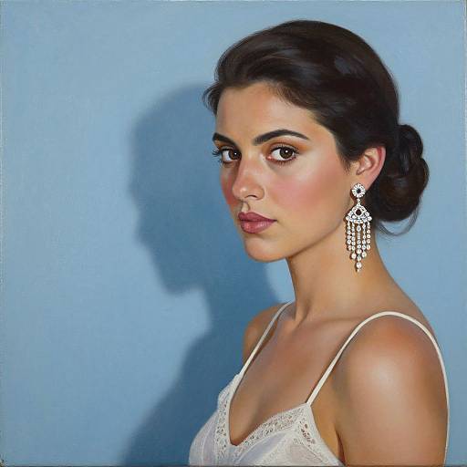 Photograph of a young woman with dark hair in an updo, wearing white lace top and large, intricate silver earrings, against a light blue background