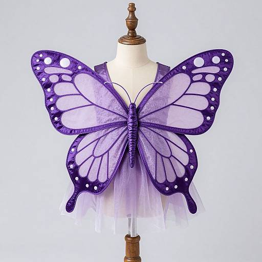 Photograph of a mannequin wearing a purple butterfly costume with translucent wings and white polka dots, on a wooden dress form.
