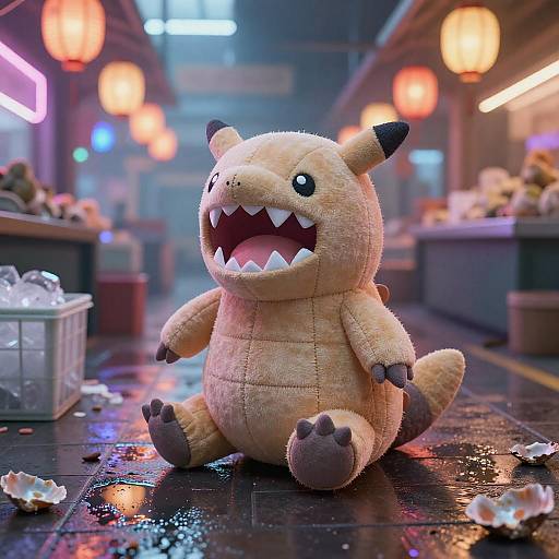 Armadillo Plush in Neon Market Scene