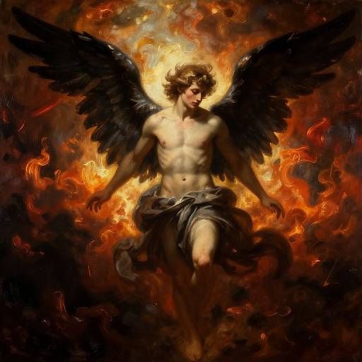 Digital painting of a muscular, shirtless angel with black wings, surrounded by fiery orange and red flames, floating in a dark, smoky background.