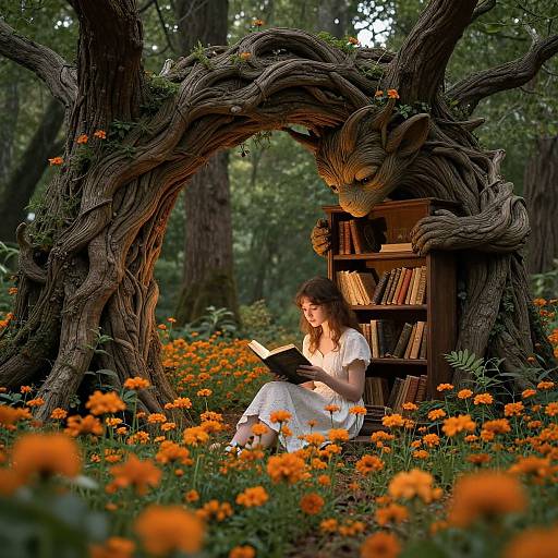 Photograph: Young woman with wavy brown hair, white dress, reading under twisted tree archway, surrounded by orange flowers, beside wooden bookshelf