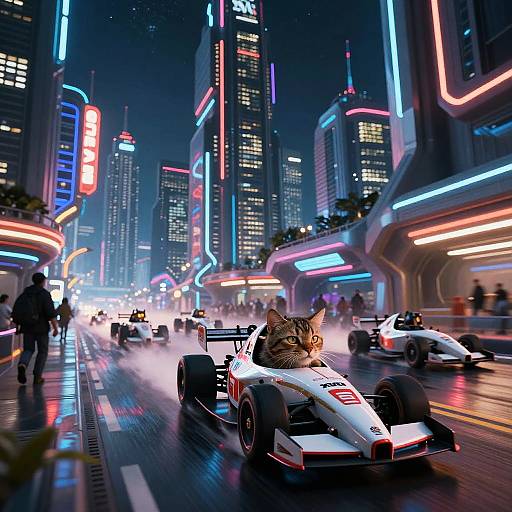 Neon-lit futuristic city night scene with a tabby cat driving a sleek, white race car amidst blurred headlights and skyscrapers.