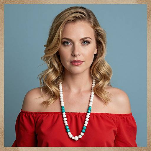 Photograph of a blonde woman with wavy hair, wearing an off-shoulder red top and a white and turquoise bead necklace, against a blue
