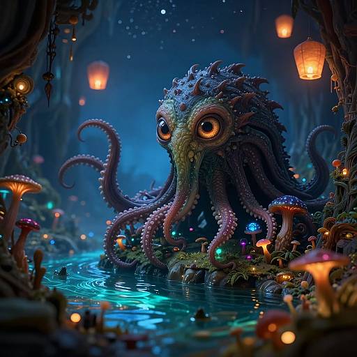 Digital fantasy artwork of a whimsical, tentacled sea creature with large, glowing eyes, surrounded by glowing mushrooms, colorful lights, and lanterns