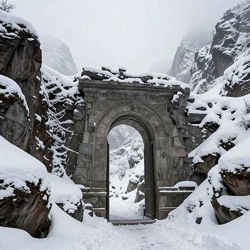 Snow-covered, ancient stone archway in a mountainous landscape, with snow-draped rocks on either side and foggy, distant mountains in the