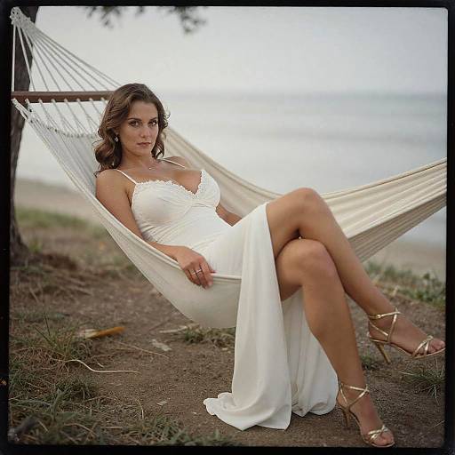 Photograph of a brunette woman with wavy hair, wearing a white, lace-trimmed, sleeveless dress and gold strappy heels, relaxing