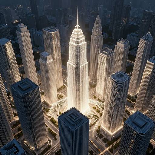 Photograph of a nighttime cityscape featuring a brightly illuminated, central skyscraper surrounded by glowing, modern high-rise buildings.