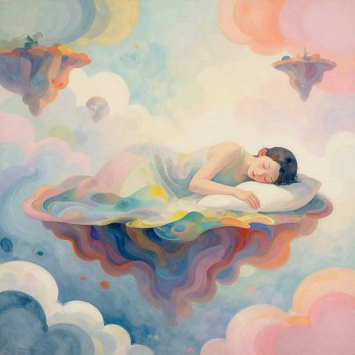 Dreamy watercolor painting: Sleeping woman with closed eyes, floating on colorful, ethereal cloud island surrounded by soft pastel clouds and glowing orbs.