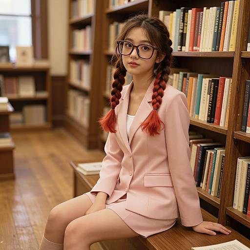 Photograph of an Asian woman with glasses, red-braided pigtails, pink blazer, and white dress, sitting on a library bench