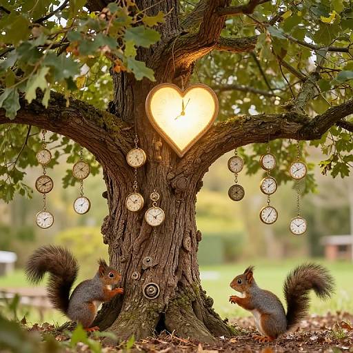 Photograph of two gray squirrels, one on each side of a tree with a heart-shaped light and hanging clocks, in a sunlit forest.