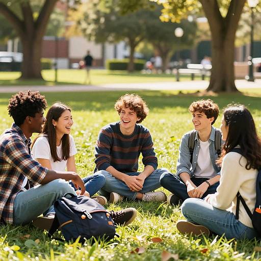 College Friends Relaxing in Sunlit Park