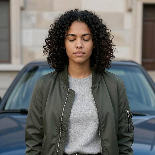 Confident Woman in Green Bomber Jacket