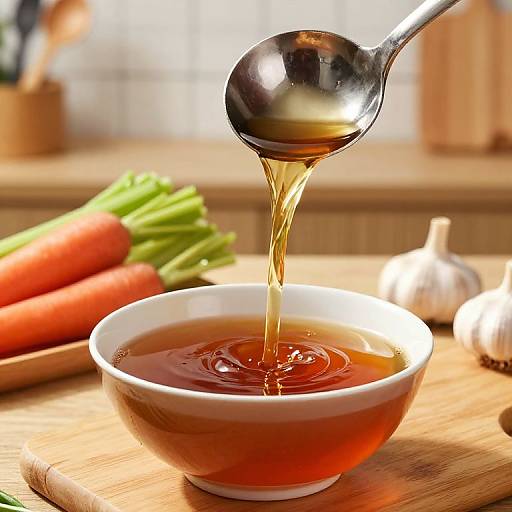 Photograph of honey pouring from a spoon into a white bowl on a wooden table, with carrots, garlic, and blurred kitchen background.