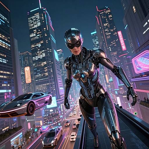 CGI image of a futuristic, black latex-clad female superhero with a mask, crouching on a city highway at night, surrounded by neon