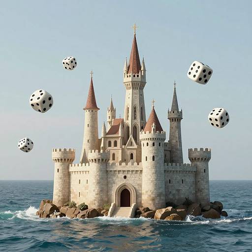 Photorealistic digital image of a medieval castle with multiple towers and a red-roofed central spire, floating on a rocky ocean, surrounded by