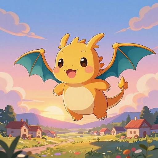 Cute, chubby, orange Charmander with blue wings joyfully flies over a colorful, sunlit village and fields in a vibrant, digital anime