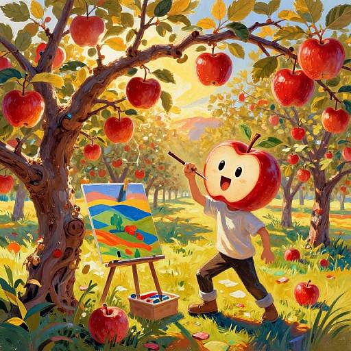 Digital illustration of a cute, apple-headed child painting vibrant apples on an easel in a sunlit orchard with colorful foliage.