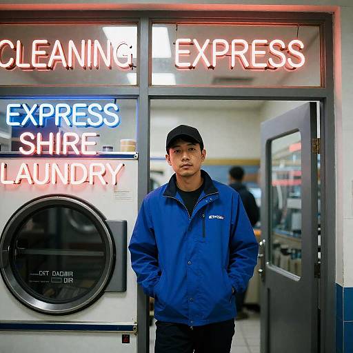 Man in Blue Jacket at Laundromat Doorway