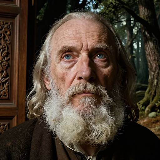 Photograph of an elderly man with long white hair, blue eyes, and a full white beard, standing in a dimly-lit forest, wearing
