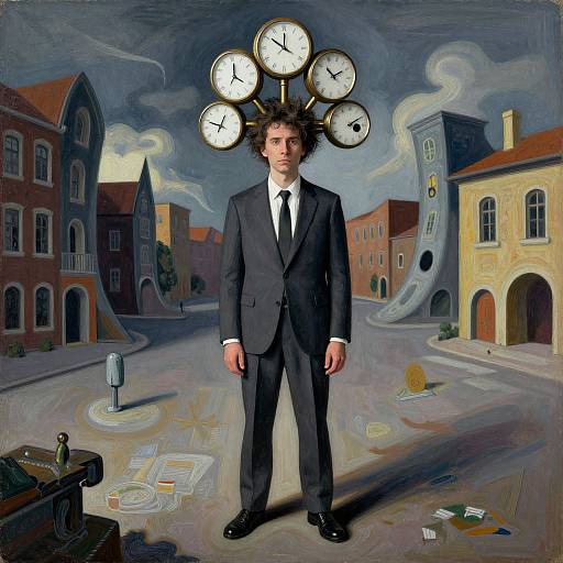 Photorealistic painting of a man in a black suit with six clocks on his head, standing in a surreal, cloudy town square with buildings and scattered