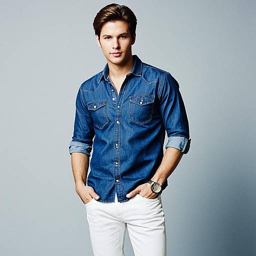 Young Man in Denim Shirt and White Pants