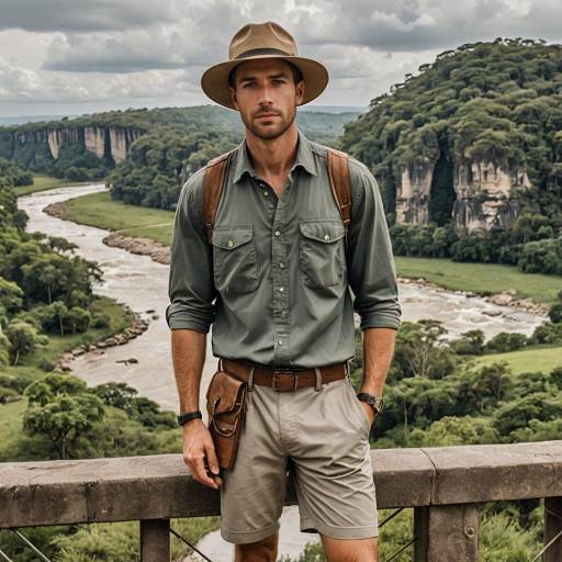 Man in Safari Outfit by River and Cliffs