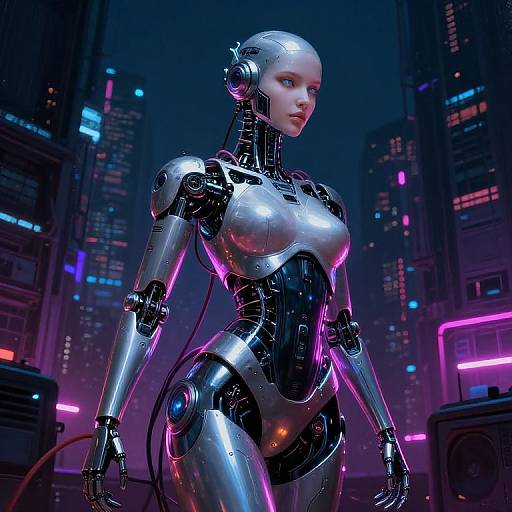 CGI image of a sleek, silver and black humanoid robot woman with blue eyes, neon-lit cityscape background, futuristic cyberpunk style.
