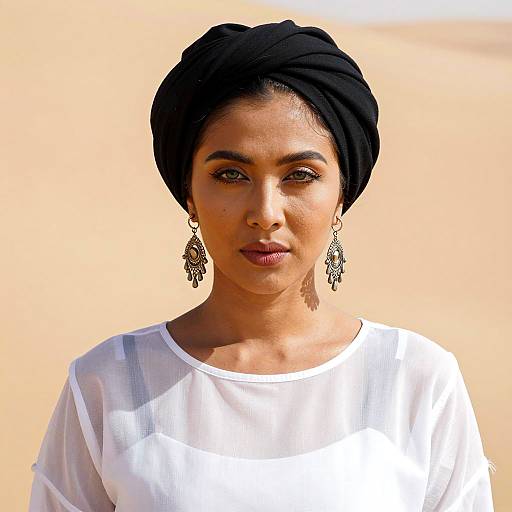 Asian Woman in Black Turban in Desert