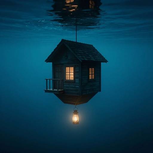 Photograph of a small, wooden, floating house with glowing windows and lantern, suspended underwater in deep blue, serene ocean.