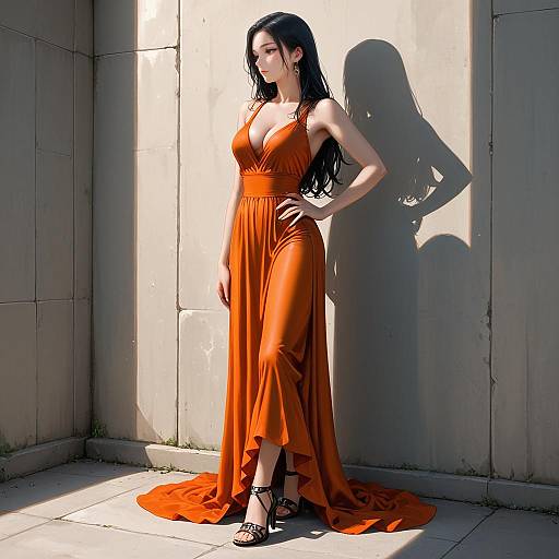 Woman in Elegant Orange Dress Against Wall