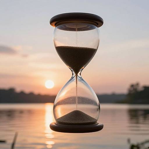 Photograph of a black hourglass with sand against a serene sunset over a calm lake, reflecting warm hues of orange and pink.